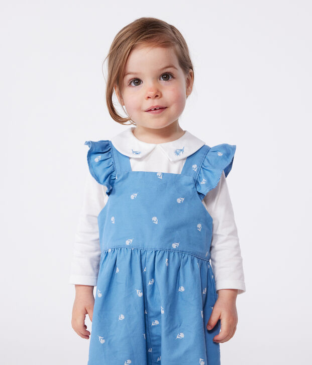 Salopette b&eacute;b&eacute; en coton jambes longues, brod&eacute;e de fleurs bleu/blanc