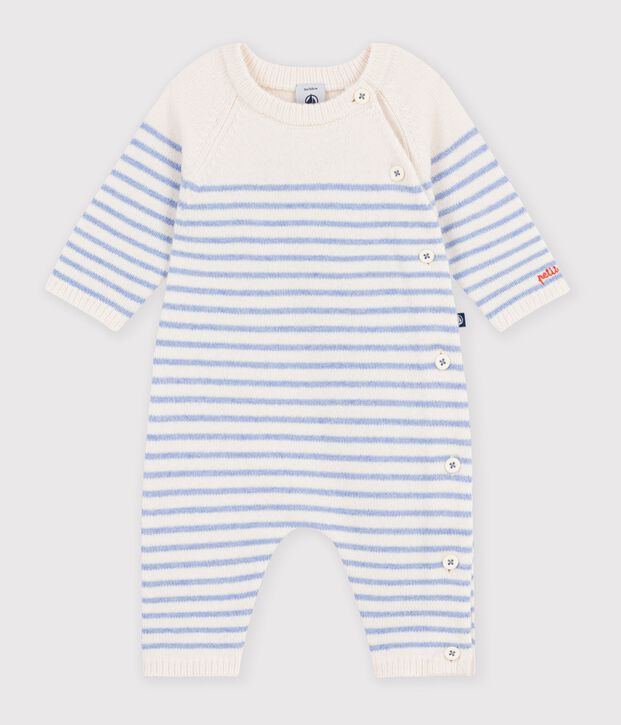 Gestreept babypakje in breiwerk van wol en katoen blauw/blauw