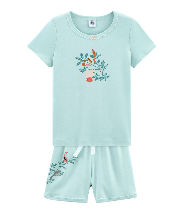 Korte meisjespyjama in ribkatoen blauw