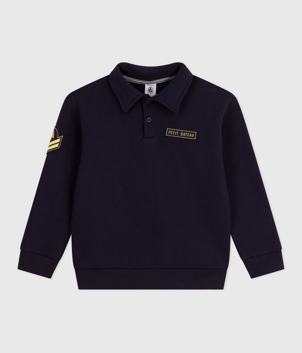 Sweatshirt esprit polo enfant en coton uni bleu marine