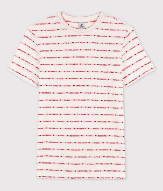 L'ICONIQUE, dames-T-shirt met ronde hals in biokatoen wit MARSHMALLOW/rood TERKUIT