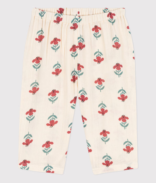 Babybroek van luchtig katoen met print ecru/multicouleur