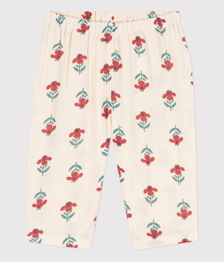 Babybroek van luchtig katoen met print ecru/multicouleur