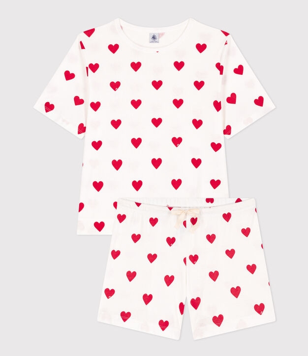 Korte pyjama met hartjes in katoen voor dames wit/rood