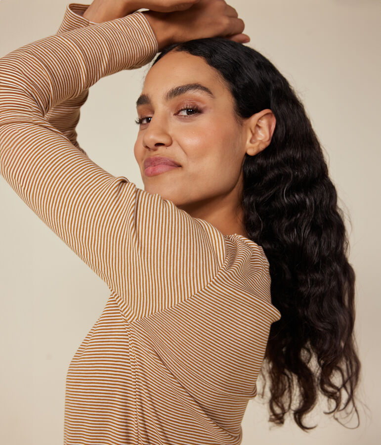 L'Iconique, gestreept T-shirt met lange mouw van ribstof voor dames bruin/wit