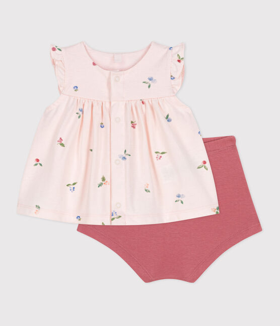 Tweedelig katoenen geboortesetje met bloesje met ruche roze FLEUR/wit MULTICO