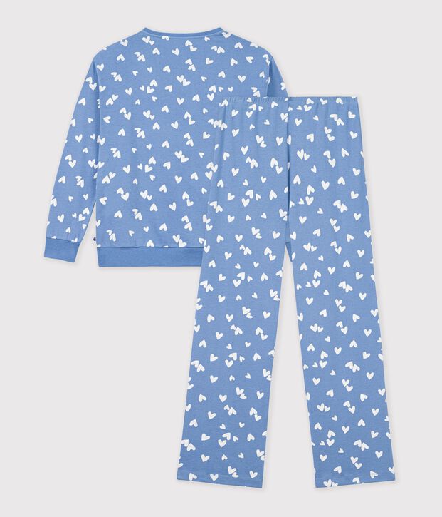 Pyjama femme en coton imprim&eacute; c&oelig;urs bleu/blanc