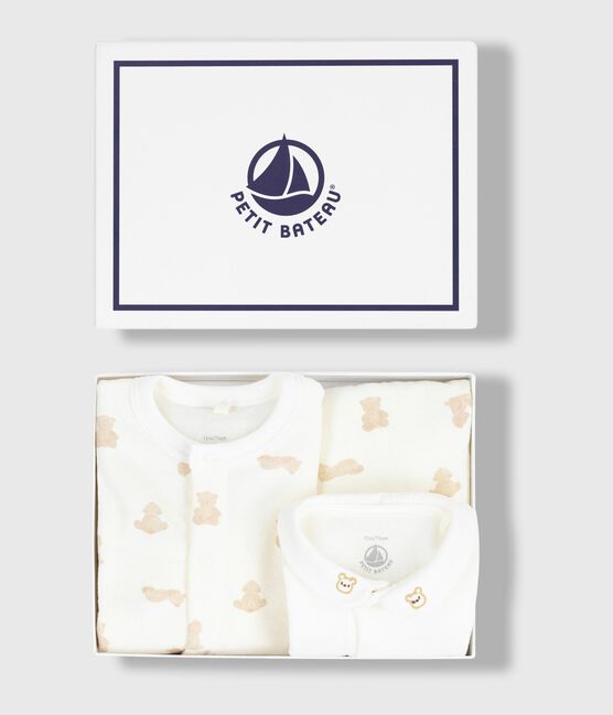 Ensemble cadeau 3 pièces bébé imprimé ourson en coton MARSHMALLOW/ BRUN