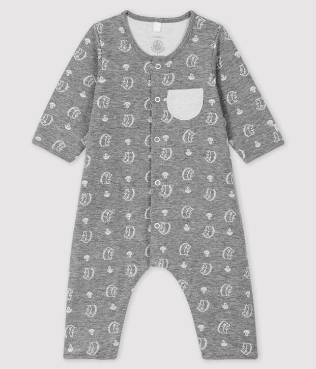 Combinaison longue jacquard &agrave; imprim&eacute; h&eacute;risson b&eacute;b&eacute; en tubique gris/blanc