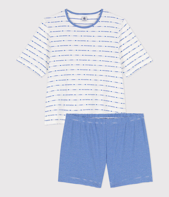 Korte pyjama in katoen voor dames  wit MARSHMALLOW/blauw PERSE