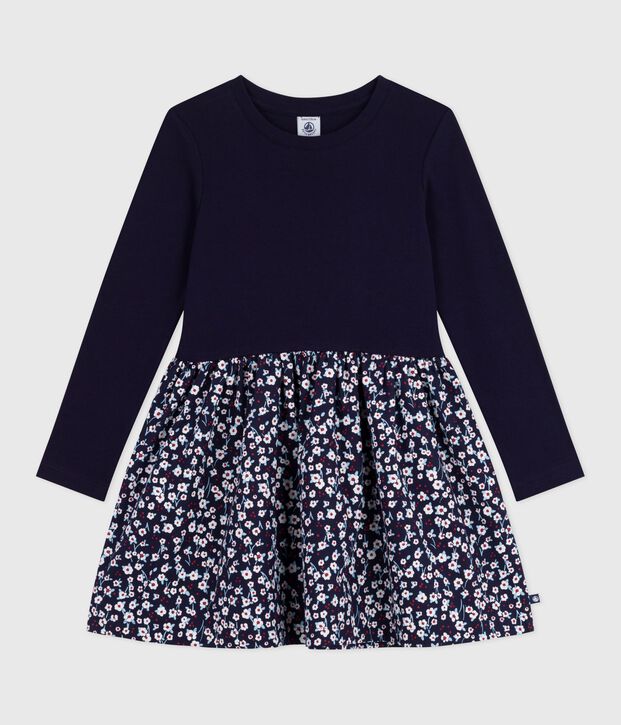 Robe enfant manches longues en coton bleu/multicouleur