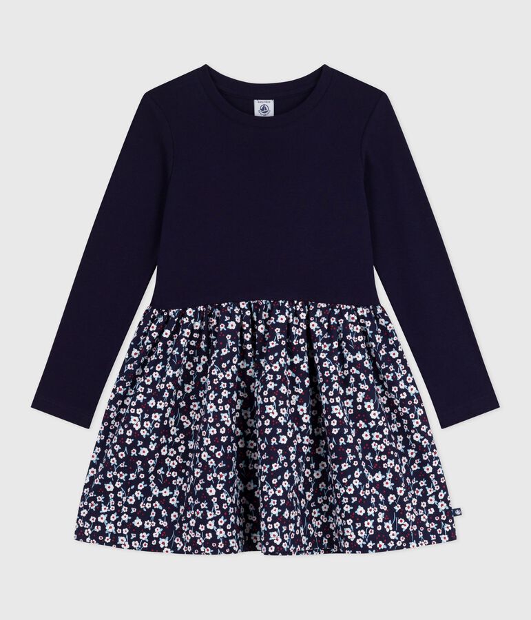 Robe enfant manches longues en coton bleu/multicouleur