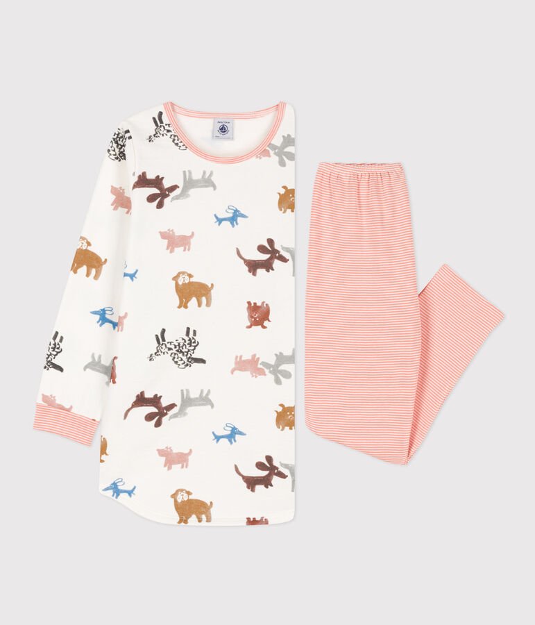 Chemise de nuit chien petite fille en molleton blanc/multicouleur