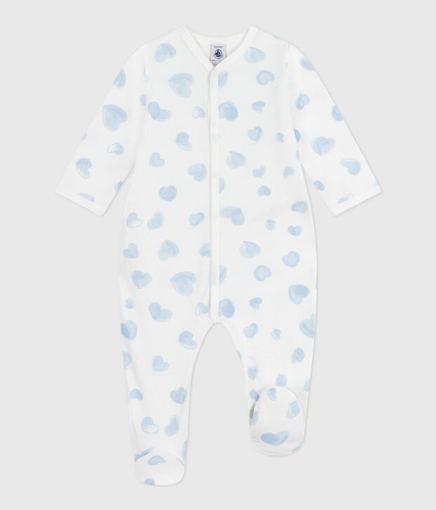 Babypyjama van geruwde fleece met kraag en hartjesprint wit/blauw