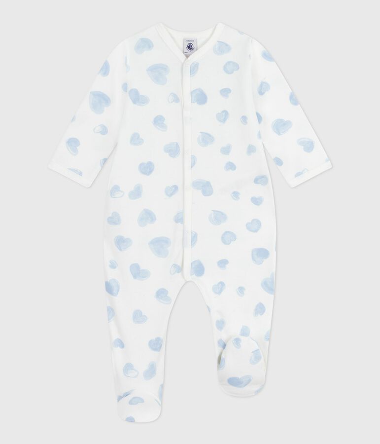 Babypyjama van geruwde fleece met kraag en hartjesprint MARSHMALLOW/ ADRIATIC
