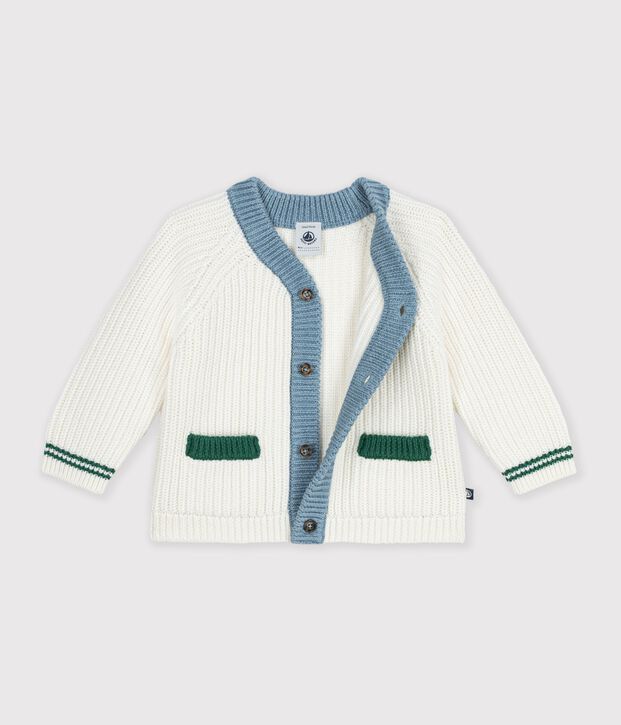 Cardigan b&eacute;b&eacute; en tricot laine et coton &agrave; d&eacute;tails contrast&eacute;s blanc/multicouleur