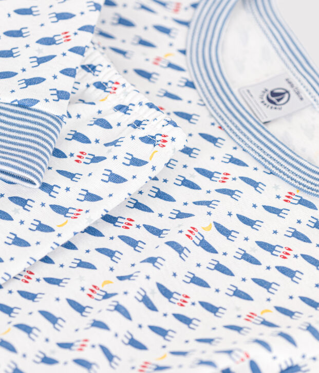 Aansluitende katoenen kinderpyjama met raketjesmotief wit/multicouleur