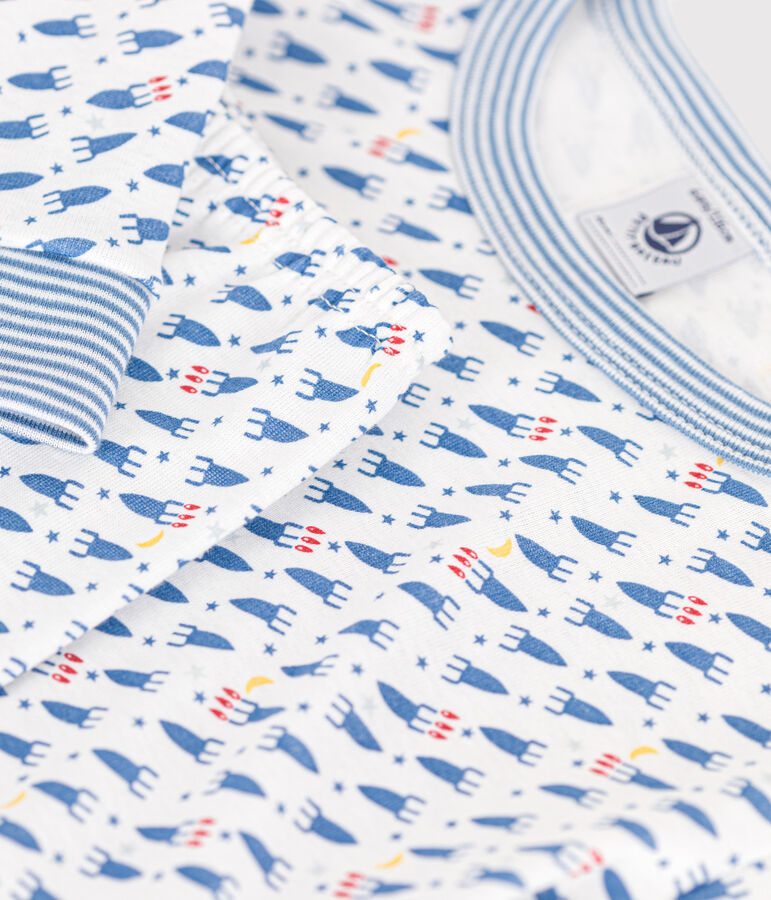 Aansluitende katoenen kinderpyjama met raketjesmotief wit/multicouleur