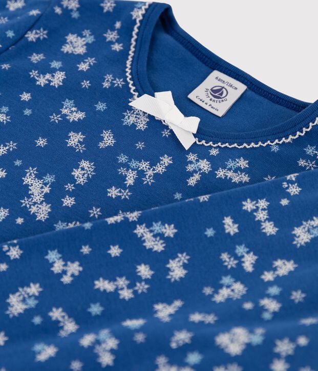 Pyjama petite fille imprim&eacute; flocons en c&ocirc;te bleu/blanc