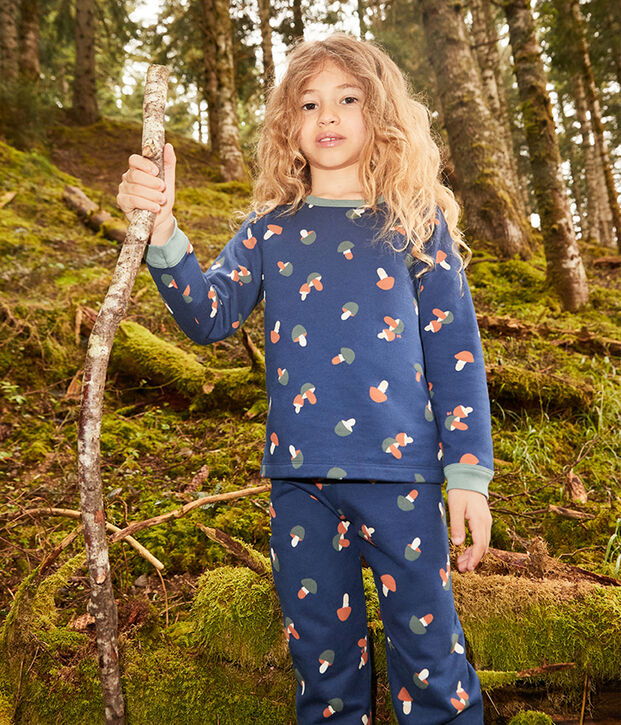 Jongens/meisjespyjama met champignonprint in molton blauw/multicouleur