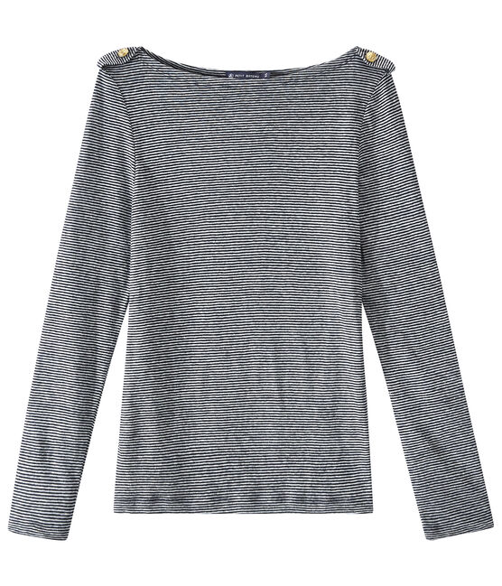 T-shirt femme manches longues en lin rayé bleu SMOKING/blanc LAIT