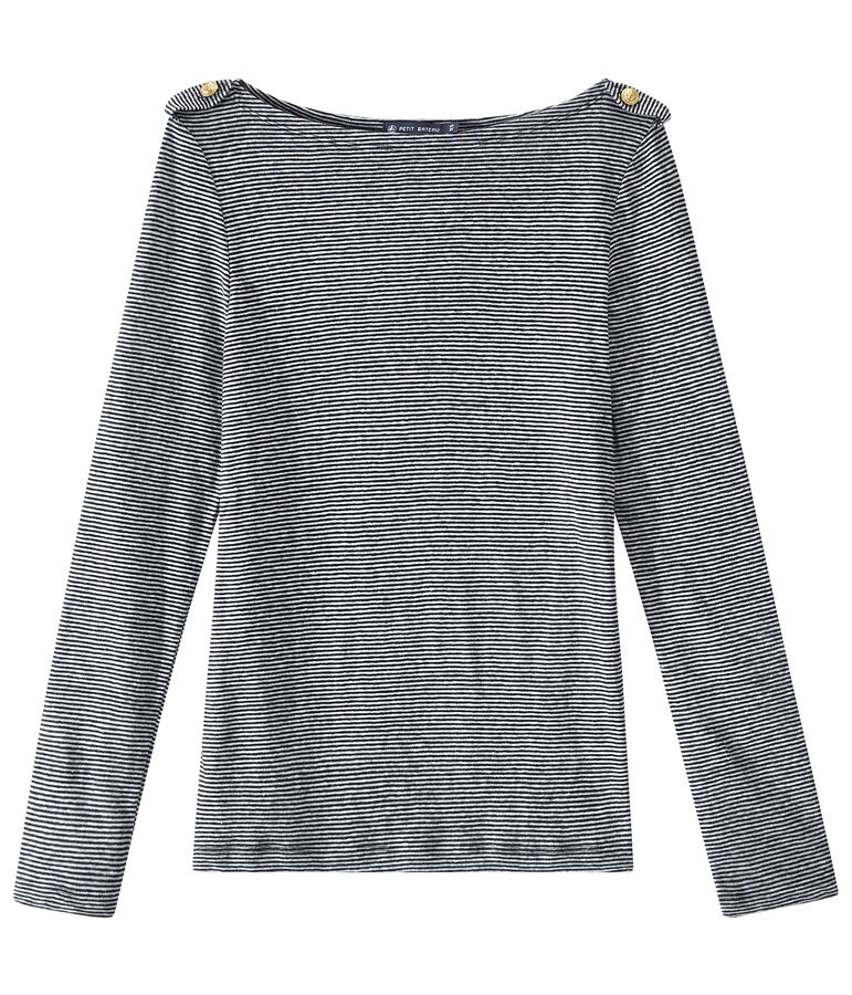 T-shirt femme manches longues en lin ray&eacute; bleu SMOKING/blanc LAIT