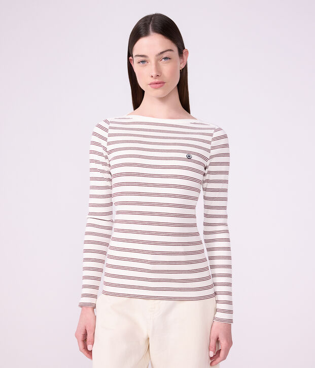 Tee-shirt femme col amiral en coton manches longues &agrave; rayures blanc/rouge