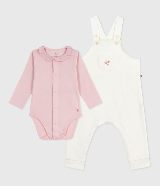 Effen katoenen babysetje met salopette, verfraaid met verfijnde details ecru/roze