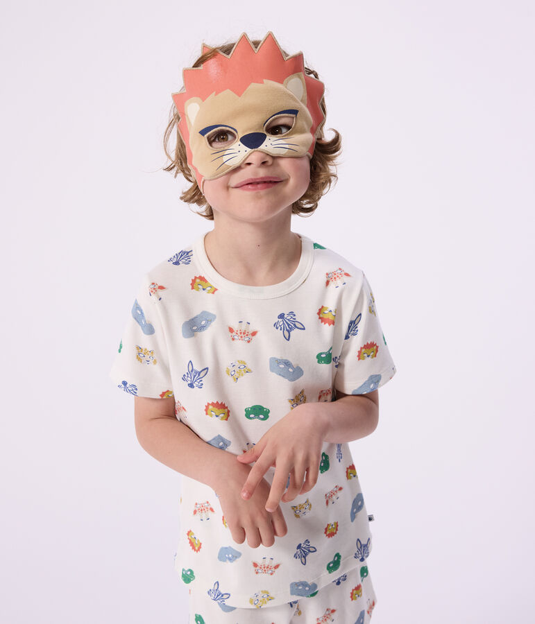 Korte katoenen verkleedpyjama met maskertjesprint voor kinderen wit/multicouleur
