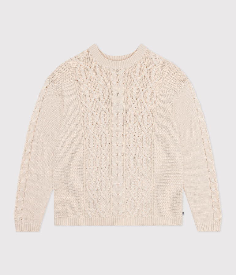Effen damestrui van wol en katoen met kabelpatroon ecru