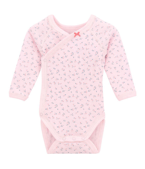 Eerste body met lange mouwen en print voor meisjes roze VIENNE/wit MULTICO