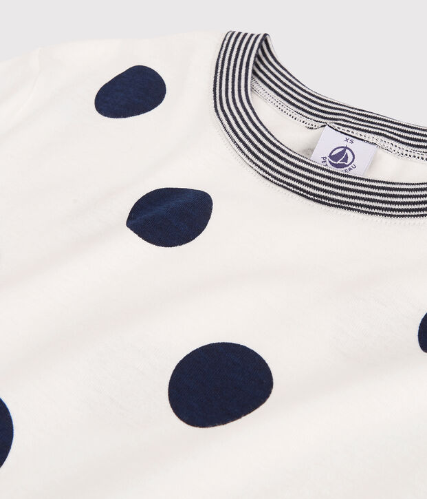 T-shirt col rond &agrave; pois en coton  Femme blanc/bleu