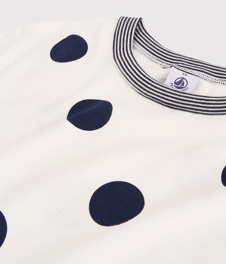 T-shirt col rond &agrave; pois en coton  Femme blanc/bleu