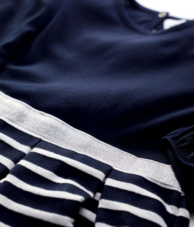 Jurk met lange mouwen van katoen voor meisjes blauw/MARSHMALLOW ARGENT BRILLANT