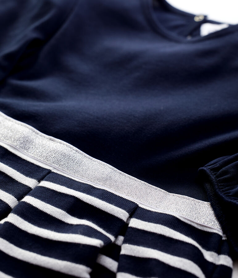 Jurk met lange mouwen van katoen voor meisjes blauw/MARSHMALLOW ARGENT BRILLANT