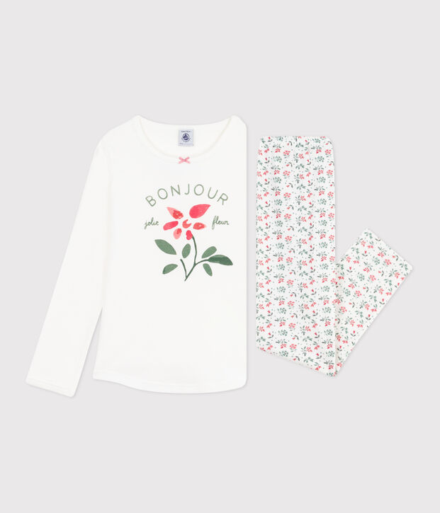 Pyjama enfant en coton imprim&eacute; fleuri blanc/multicouleur