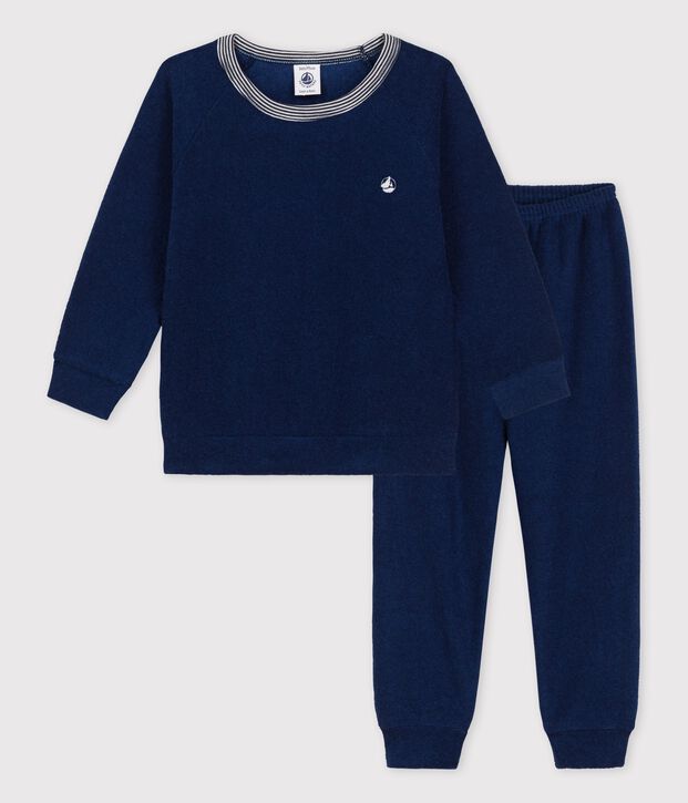 Pyjama en bouclette &eacute;ponge gratt&eacute;e bleu fonc&eacute;