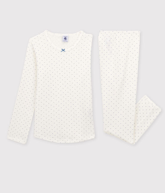 Pyjama ajouré à pois petit fille en coton biologique blanc MARSHMALLOW/ POLOCHON