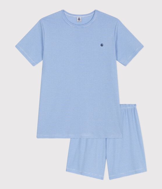 Korte katoenen kinderpyjama met streepjes blauw EDNA/wit MARSHMALLOW