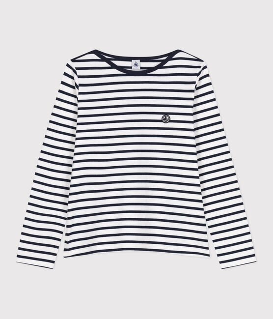 Marinière femme en coton manches longues blanc MARSHMALLOW/bleu SMOKING