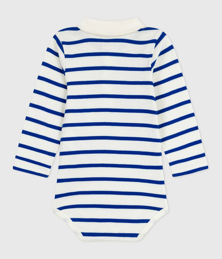 Body b&eacute;b&eacute; en coton col polo ray&eacute; &eacute;cru/bleu