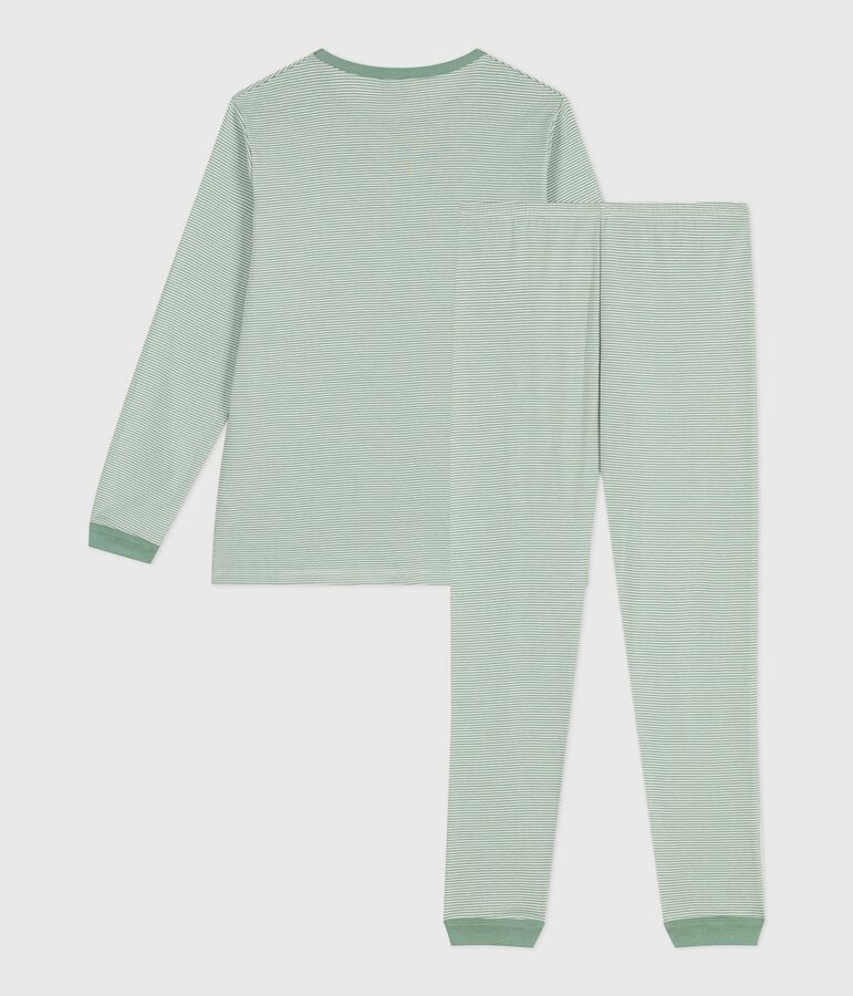 Pyjama enfant en coton &agrave; rayures vert/blanc