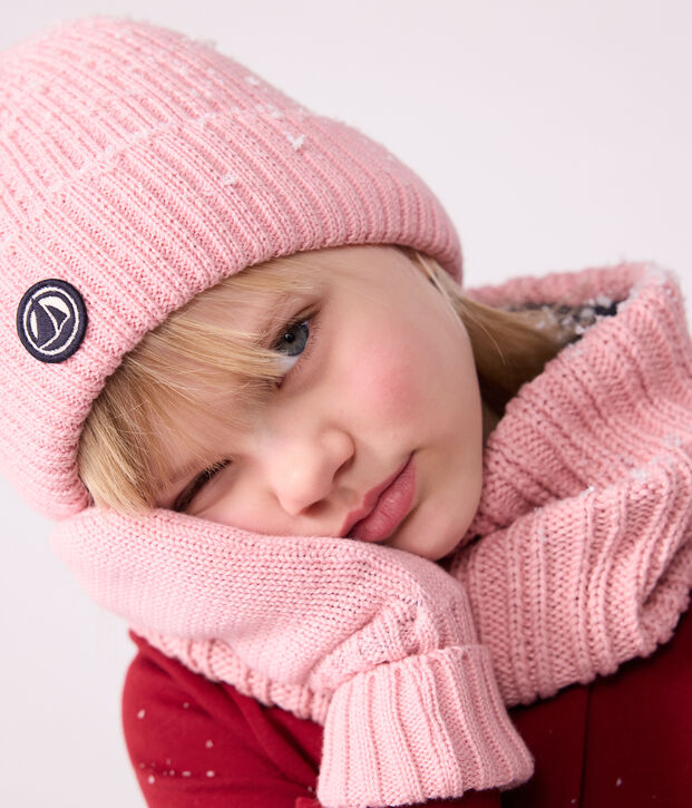 Bonnet enfant en tricot doubl&eacute; en polaire rose