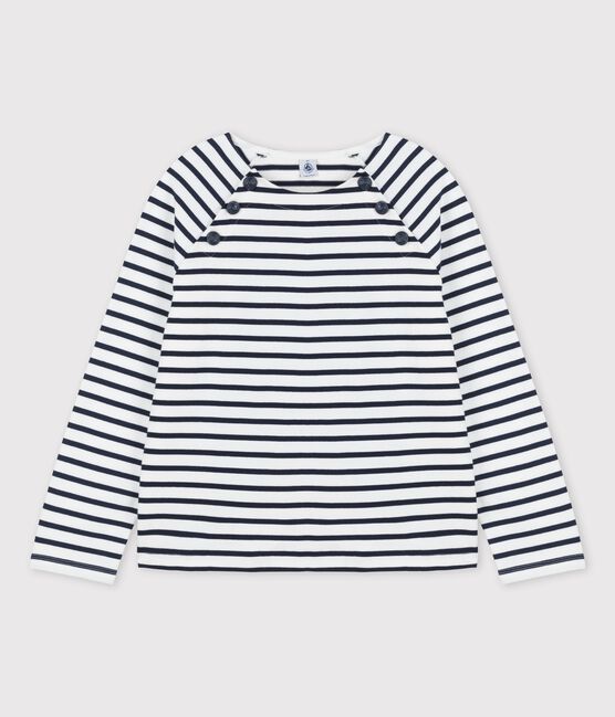 Katoenen marinetruitje met knoopsluiting voor dames wit MARSHMALLOW/blauw SMOKING
