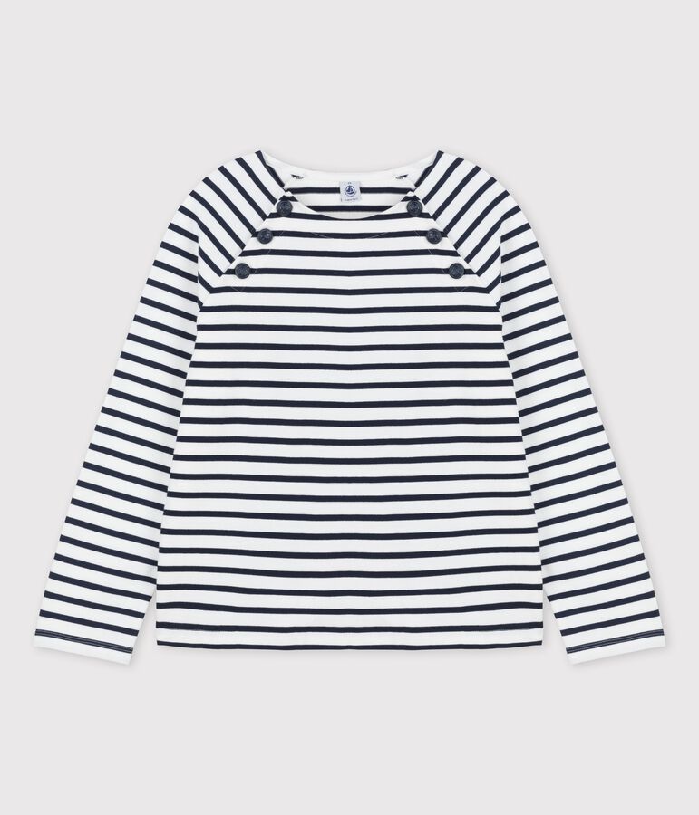 Katoenen marinetruitje met knoopsluiting voor dames wit/blauw