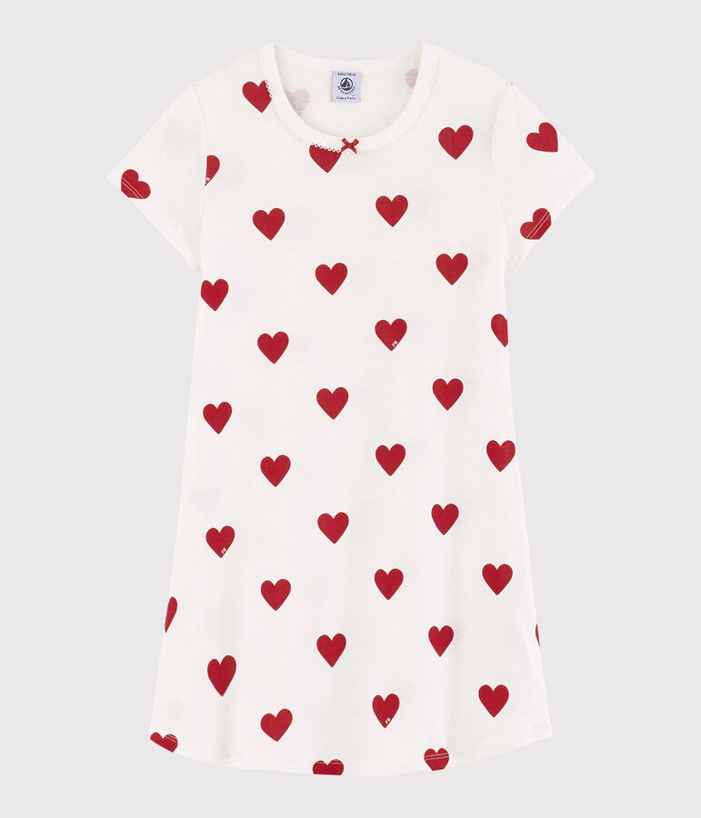Chemise de nuit coeur petite fille en coton blanc/rouge