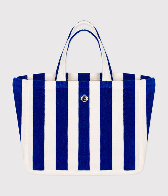 SAC DE PLAGE FEMME RAYE EN BOUCLETTE EPONGE  bleu SURF/blanc MARSHMALLOW