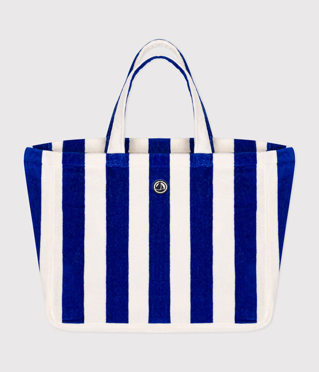 GESTREEPTE BOUCLETTE TERRY TAS VOOR DAMES blauw/wit