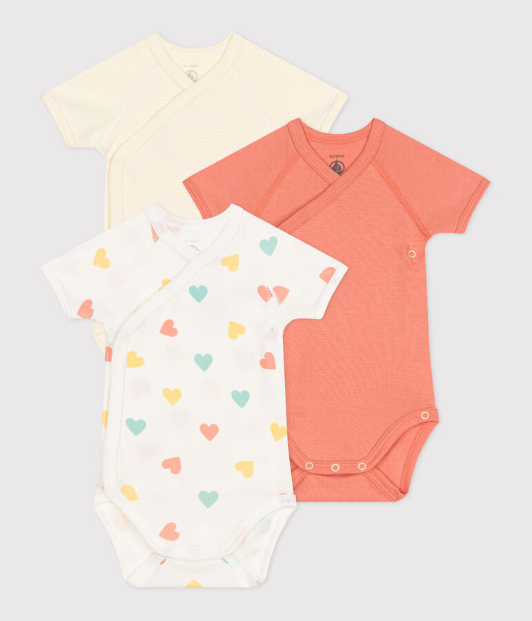 Lot de 3 bodies crois&eacute;s manches courtes en coton coeur b&eacute;b&eacute; multicouleur
