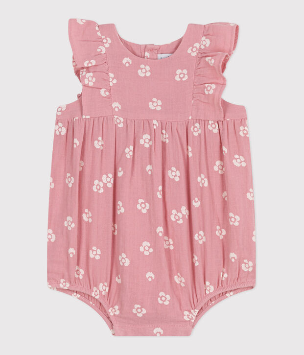 Barboteuse b&eacute;b&eacute; en gaze de coton sans manches, imprim&eacute; &agrave; fleurs rose/blanc
